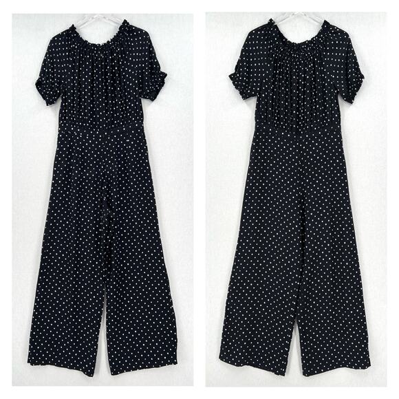 SALONI Juli Off the Shoulder Jumpsuit Womens 10 Black White Silk Polka Dot Wide - Picture 2 of 16